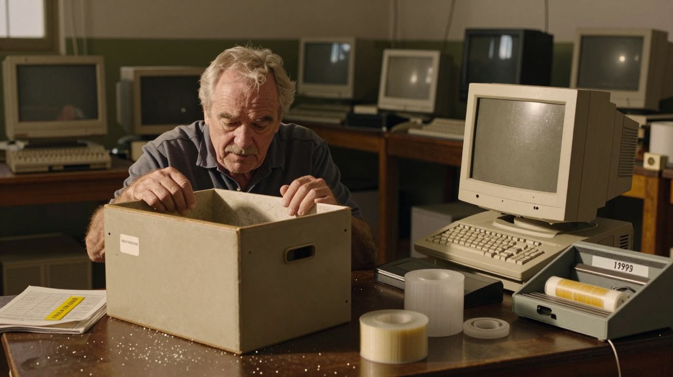 Homem idoso examina caixa num escritório antigo com computadores retro e rolos de fita numa secretária.