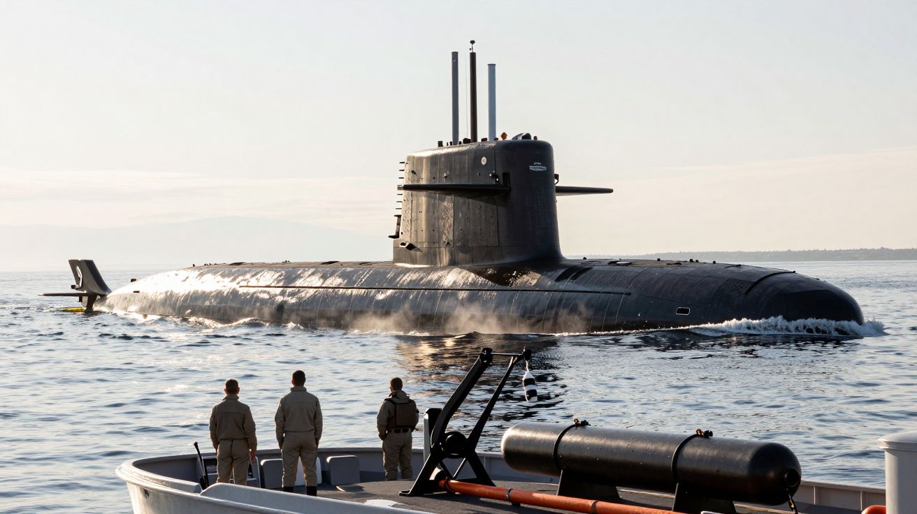 Submarino na superfície do mar, com três pessoas em segundo plano num barco observando.