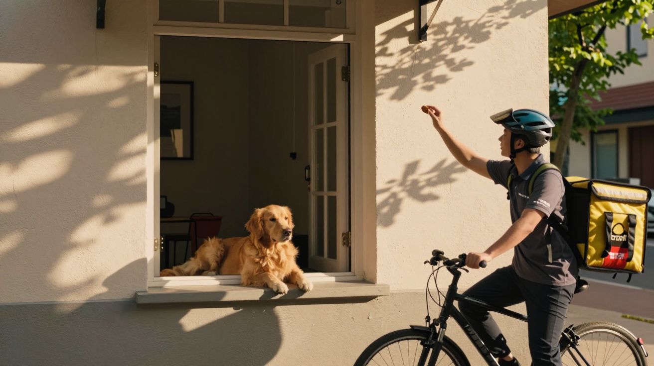 Entregador de capacete numa bicicleta, acena para um cão dourado que está numa janela aberta de uma casa.