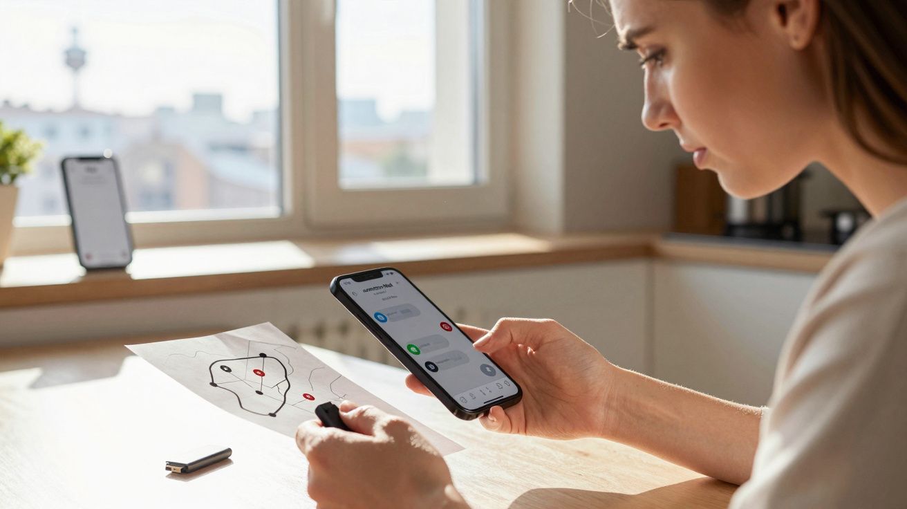 Mulher analisa papel e consulta o smartphone numa cozinha iluminada pelo sol.