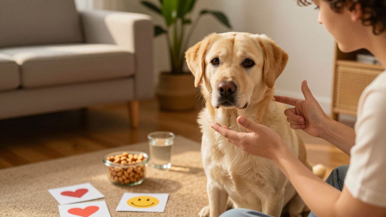 Pessoa a treinar um cão com sinais manuais. Vêem-se cartas com corações e cara sorridente no chão.