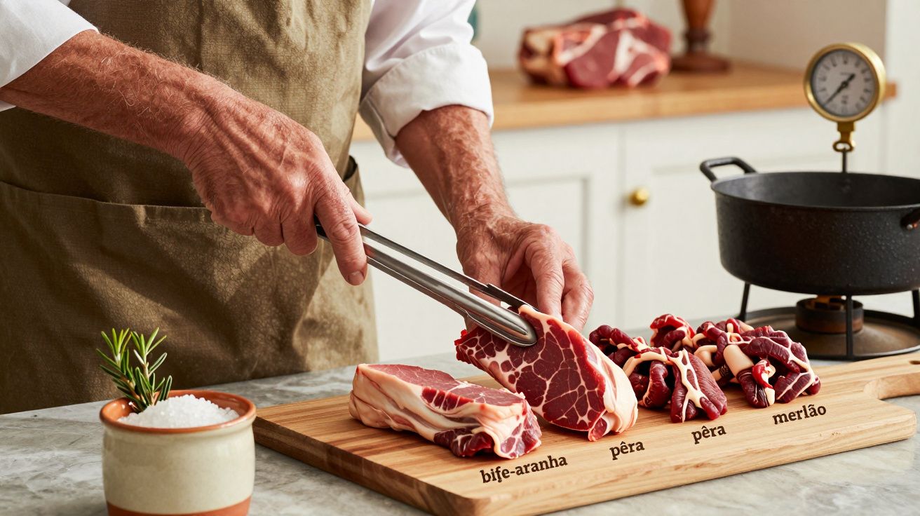 Homem cortando diferentes tipos de carne em tábua de madeira na cozinha, incluindo bife-aranha e pêra.