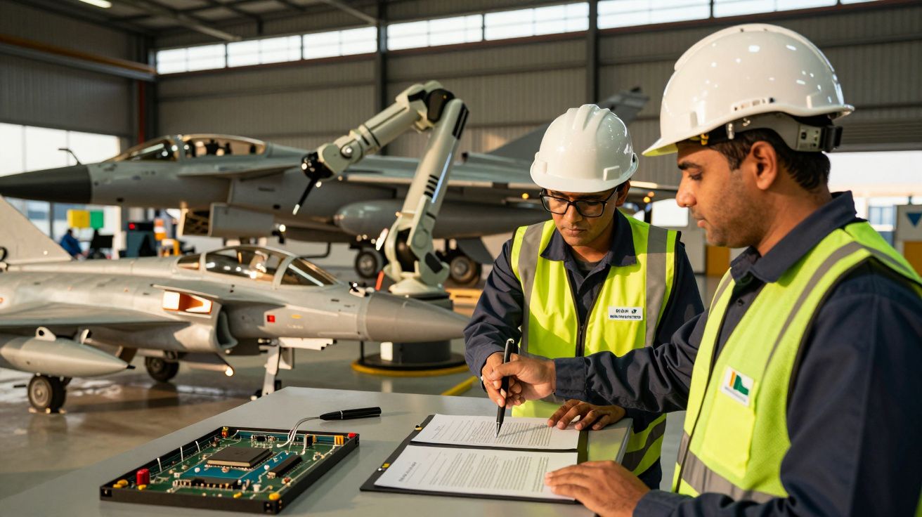 Dois engenheiros com capacete e colete, analisando documentos numa fábrica de aviões com modelos em miniatura.
