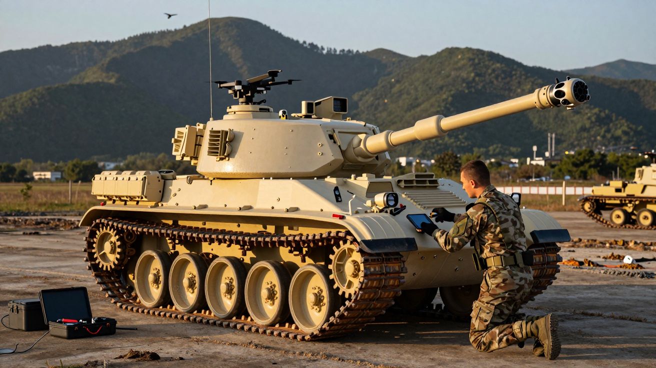Soldado de uniforme camuflado inspeciona tanque militar ao ar livre, com montanhas verdes ao fundo.