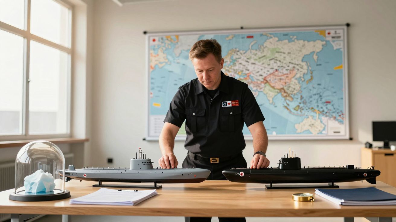 Homem de uniforme preto examina modelos de submarinos sobre uma mesa, num escritório com mapa-mundo na parede.
