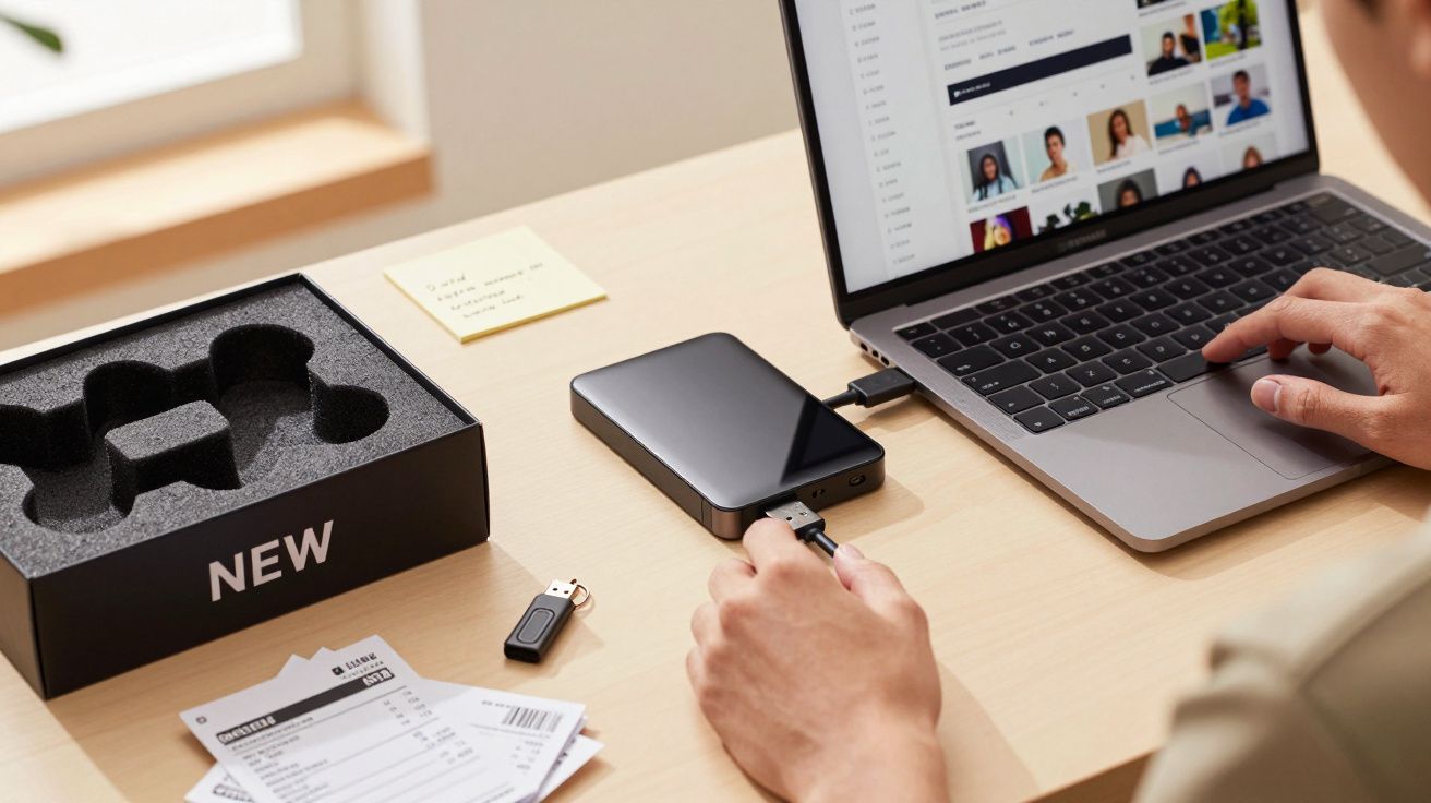 Pessoa conecta disco externo ao portátil numa secretária com pendrive, notas, caixa e recibo.