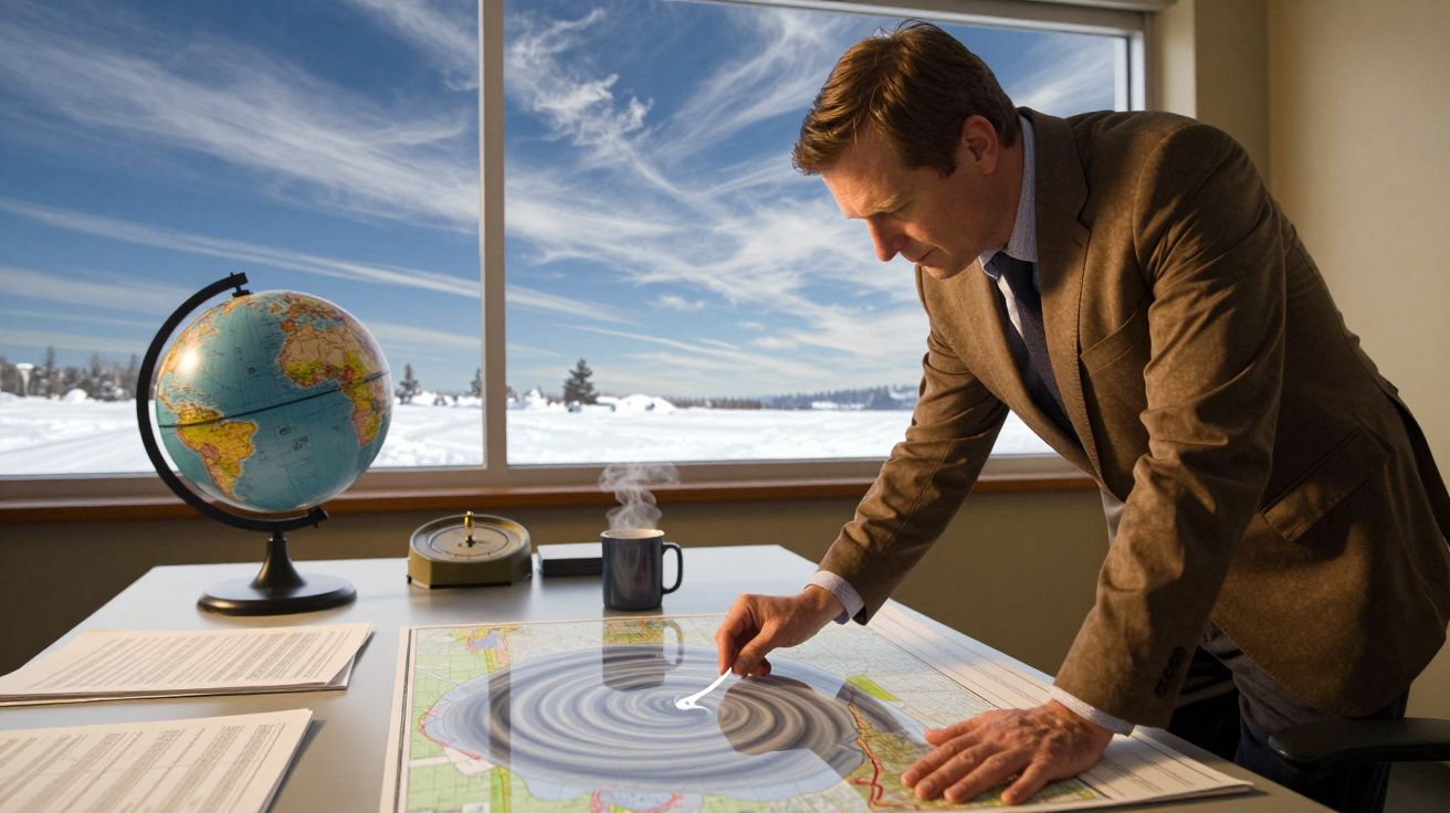 Homem numa sala, analisando um mapa sobre a mesa com lupa, globo, cafeteira e janela mostrando paisagem nevada.