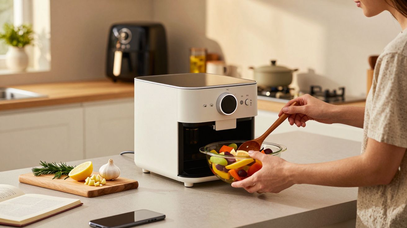 Pessoa prepara salada colorida ao lado de uma fritadeira sem óleo numa cozinha bem iluminada.