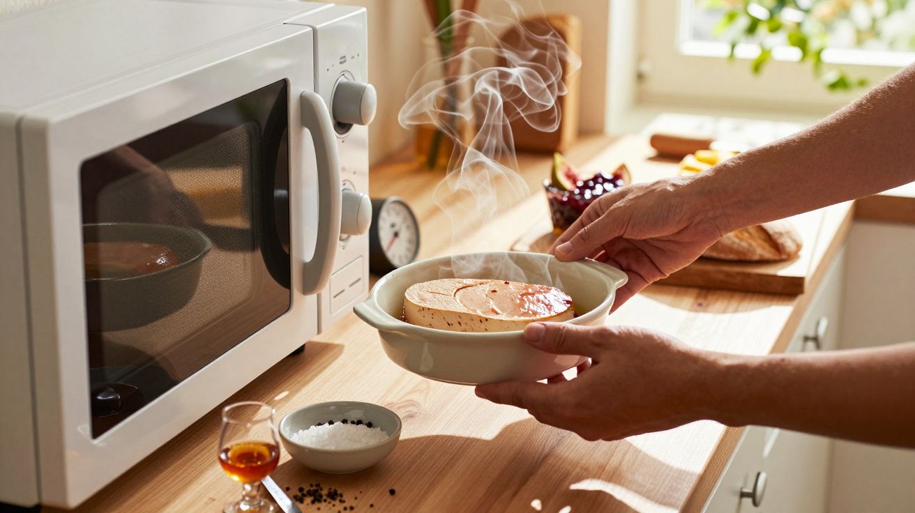 Pessoa retirando prato fumegante do micro-ondas numa cozinha iluminada pelo sol.