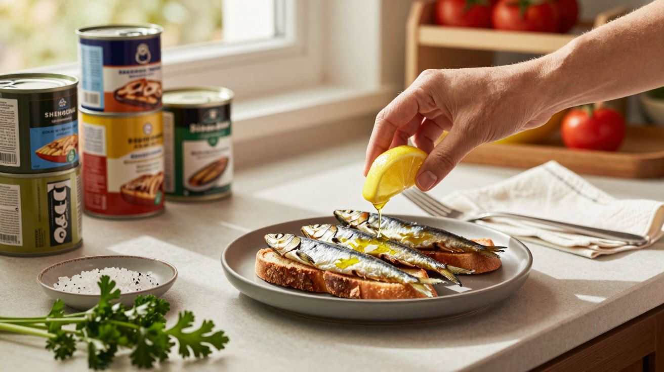 Mão a espremer limão sobre tostas com sardinhas, numa bancada de cozinha com conservas e tomates ao fundo.