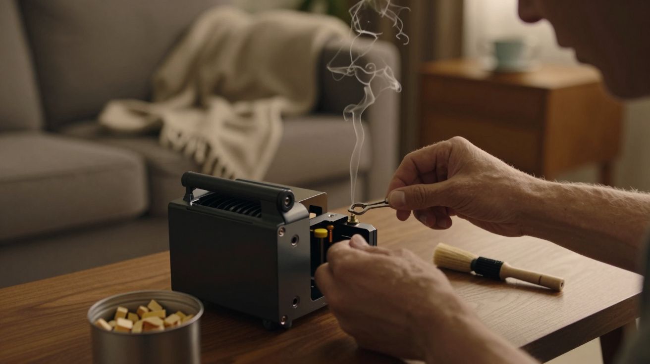 Pessoa a usar um fumador portátil numa mesa de madeira, com um recipiente de comida ao lado.