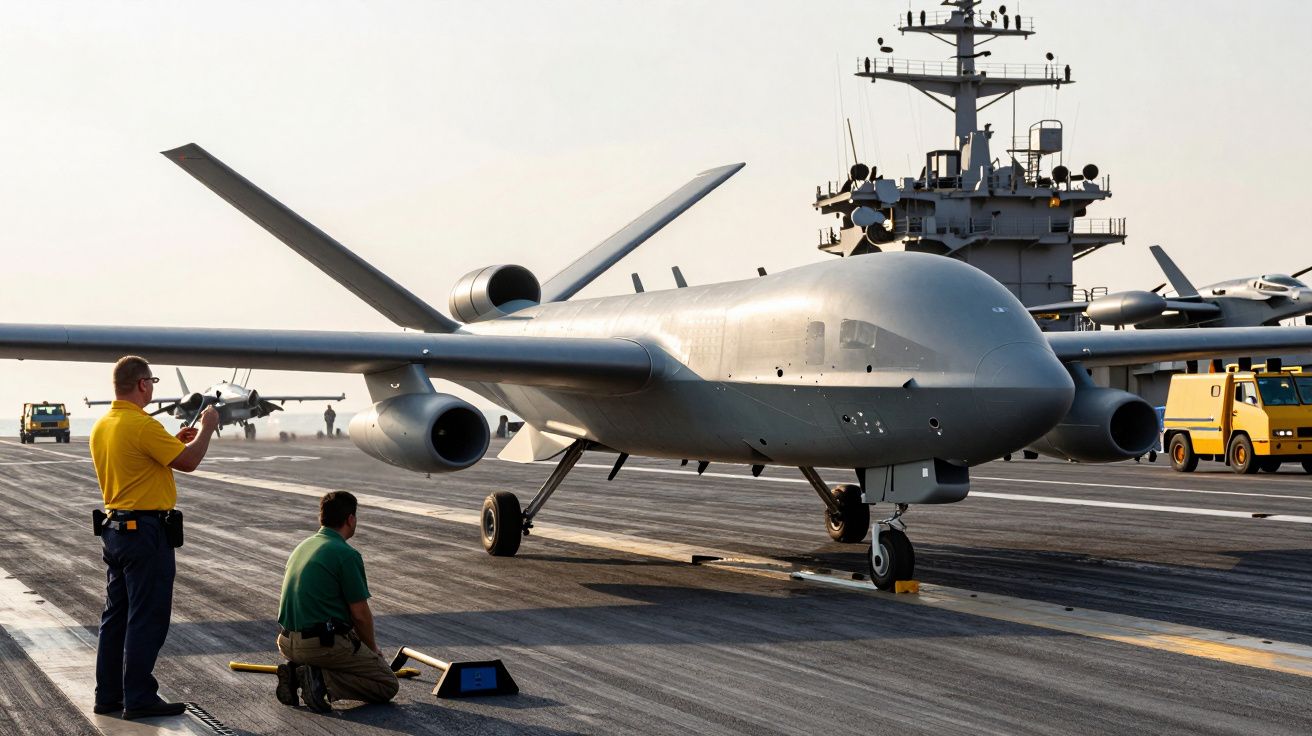 Drone em porta-aviões com dois homens ao lado em trabalho técnico, céu claro ao fundo.