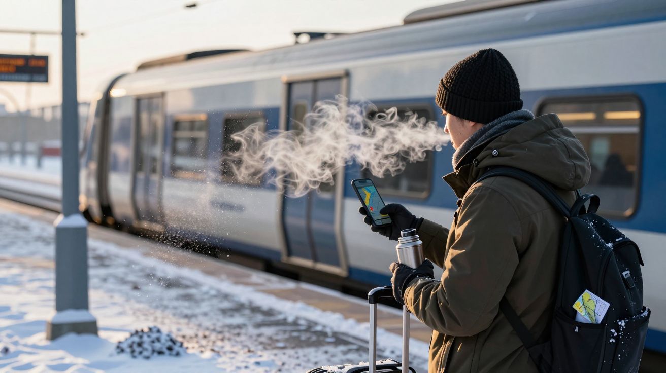 Homem agasalhado com mala e telemóvel numa estação de comboios coberta de neve.