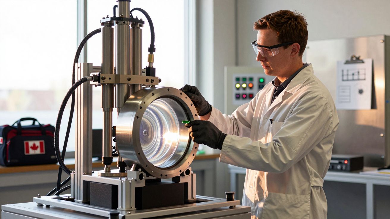 Cientista em laboratório analisa equipamento de precisão cilíndrico, usando luvas e óculos de proteção.