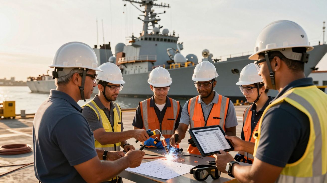 Engenheiros com capacetes revêem planos perto de um navio de guerra, usando tablets e ferramentas no nascer do sol.