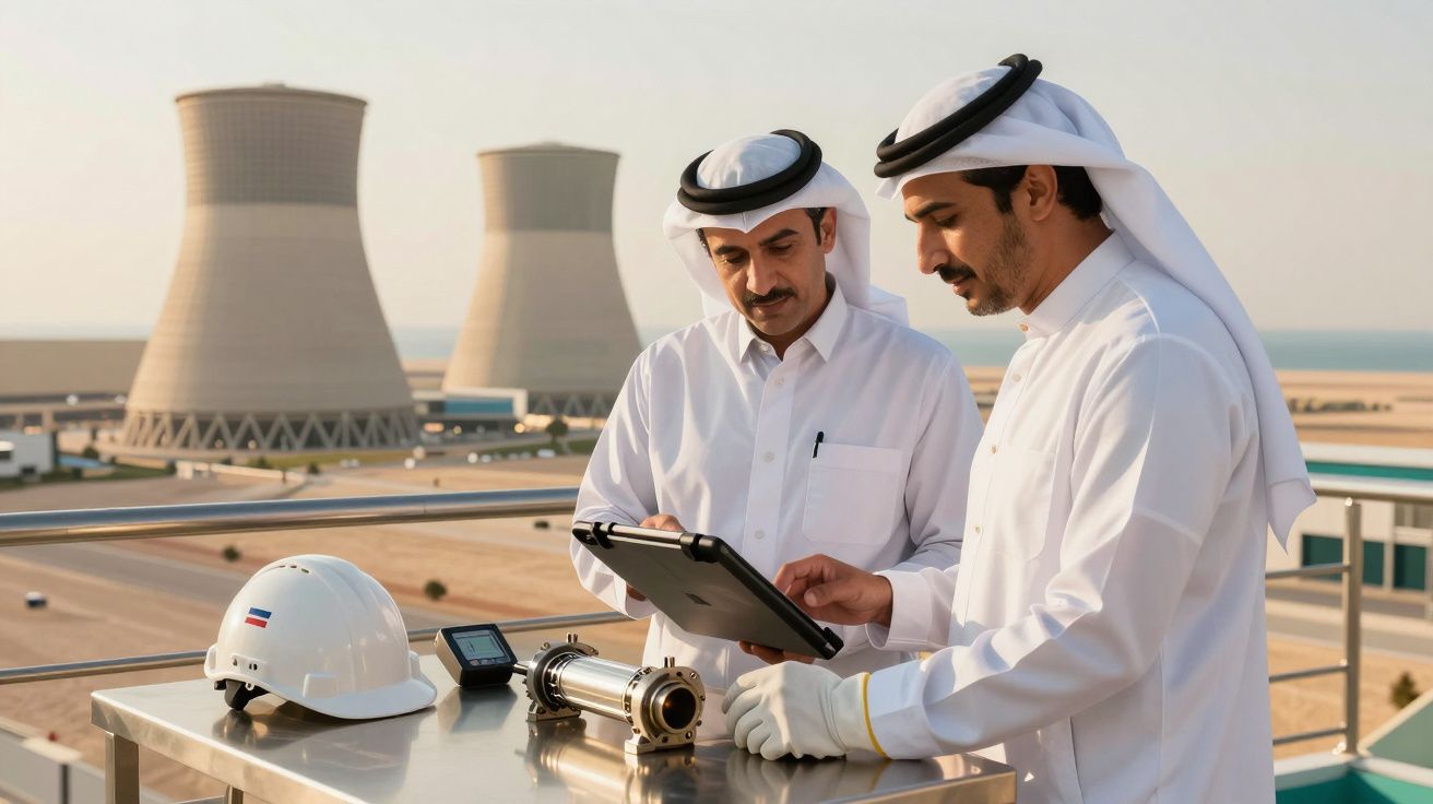 Dois homens de capacete branco analisam dispositivo eletrônico em tabuleiro com fundo de torres de refrigeração.