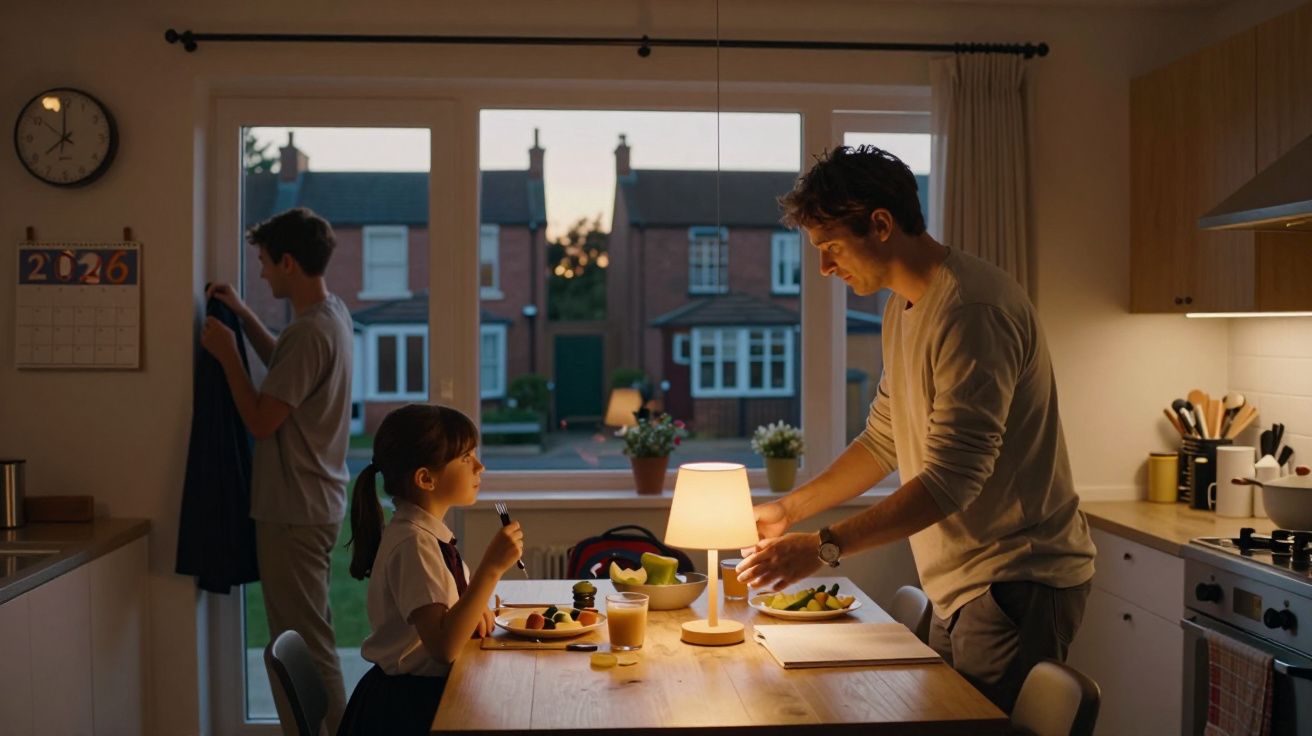 Pai e filha jantam à mesa da cozinha; jovem ao fundo segura um casaco. Ao entardecer, casas visíveis pela janela.