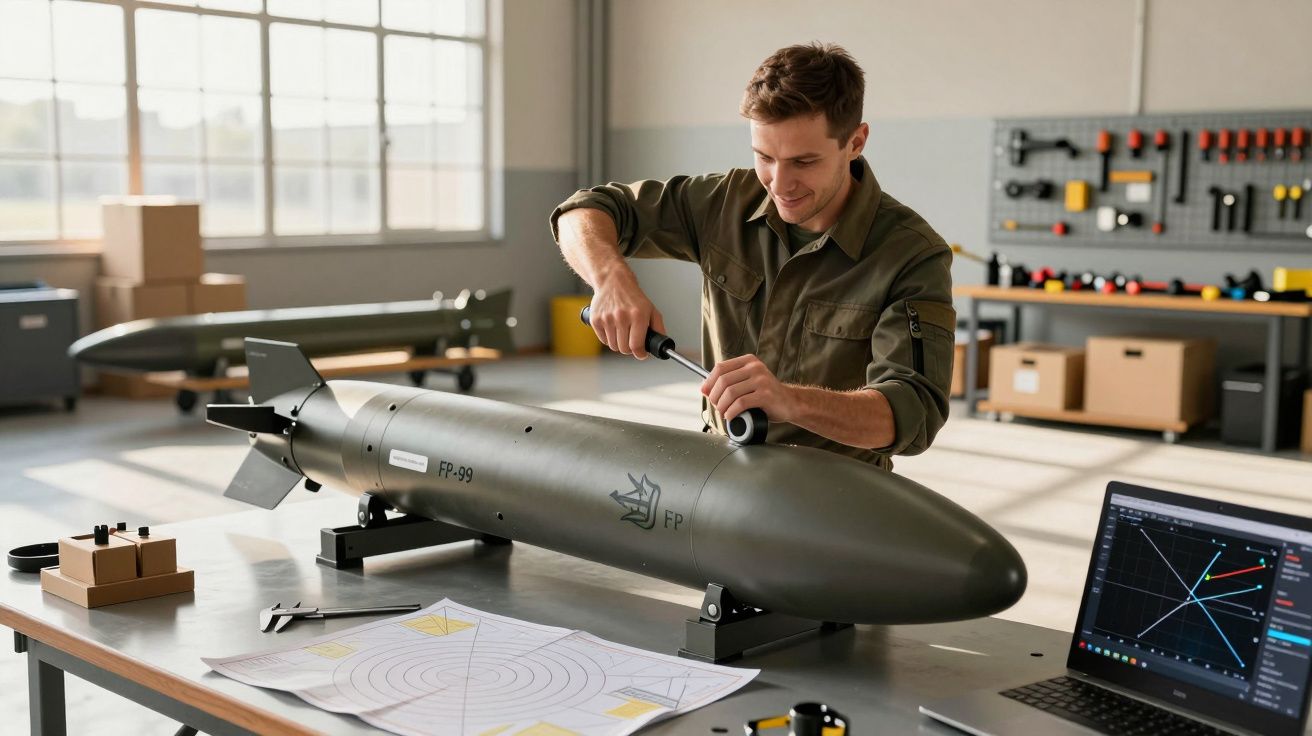 Homem trabalha em míssil numa oficina, com laptop aberto e ferramentas sobre a mesa.