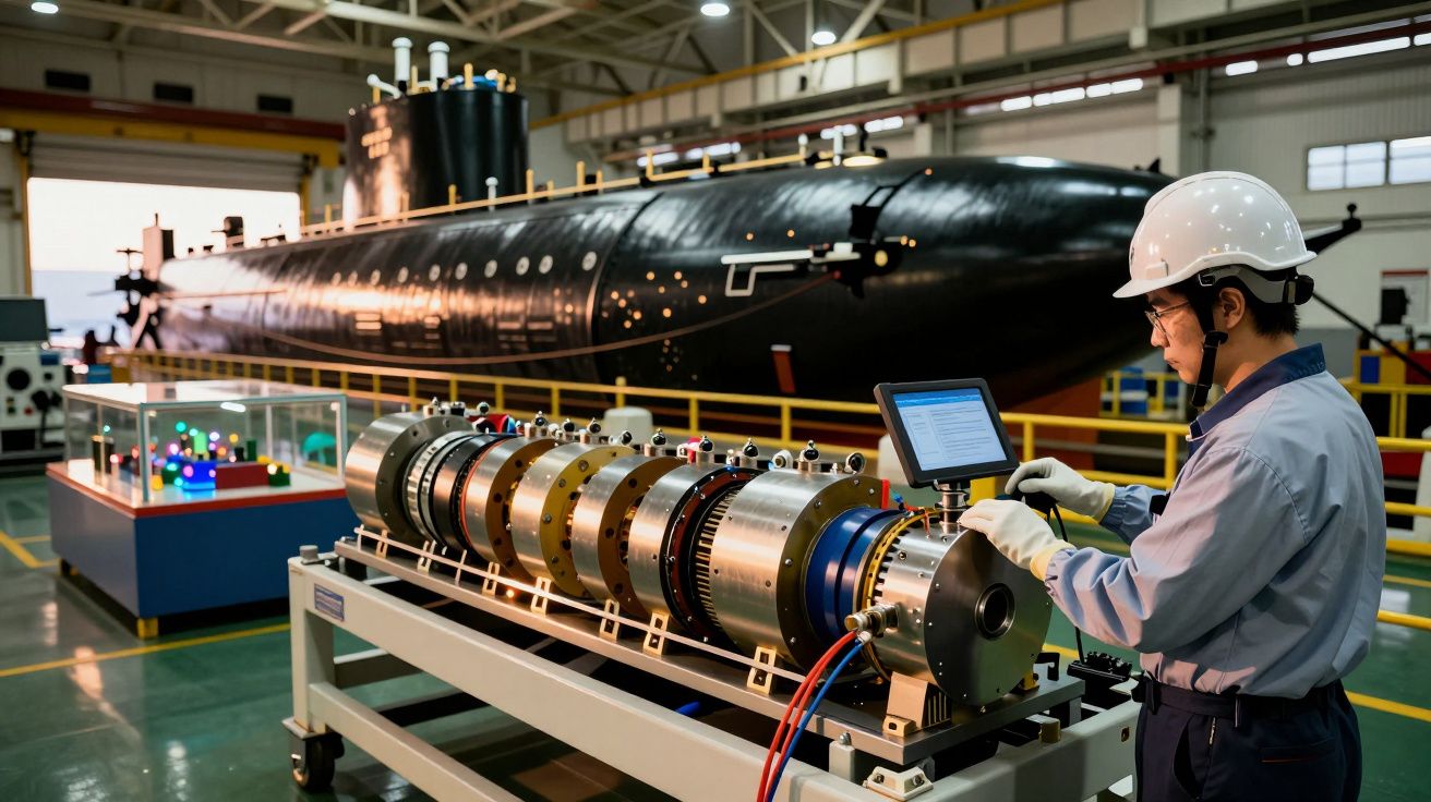 Homem de capacete analisa equipamento com ecrã num estaleiro, junto a um submarino preto incompleto.