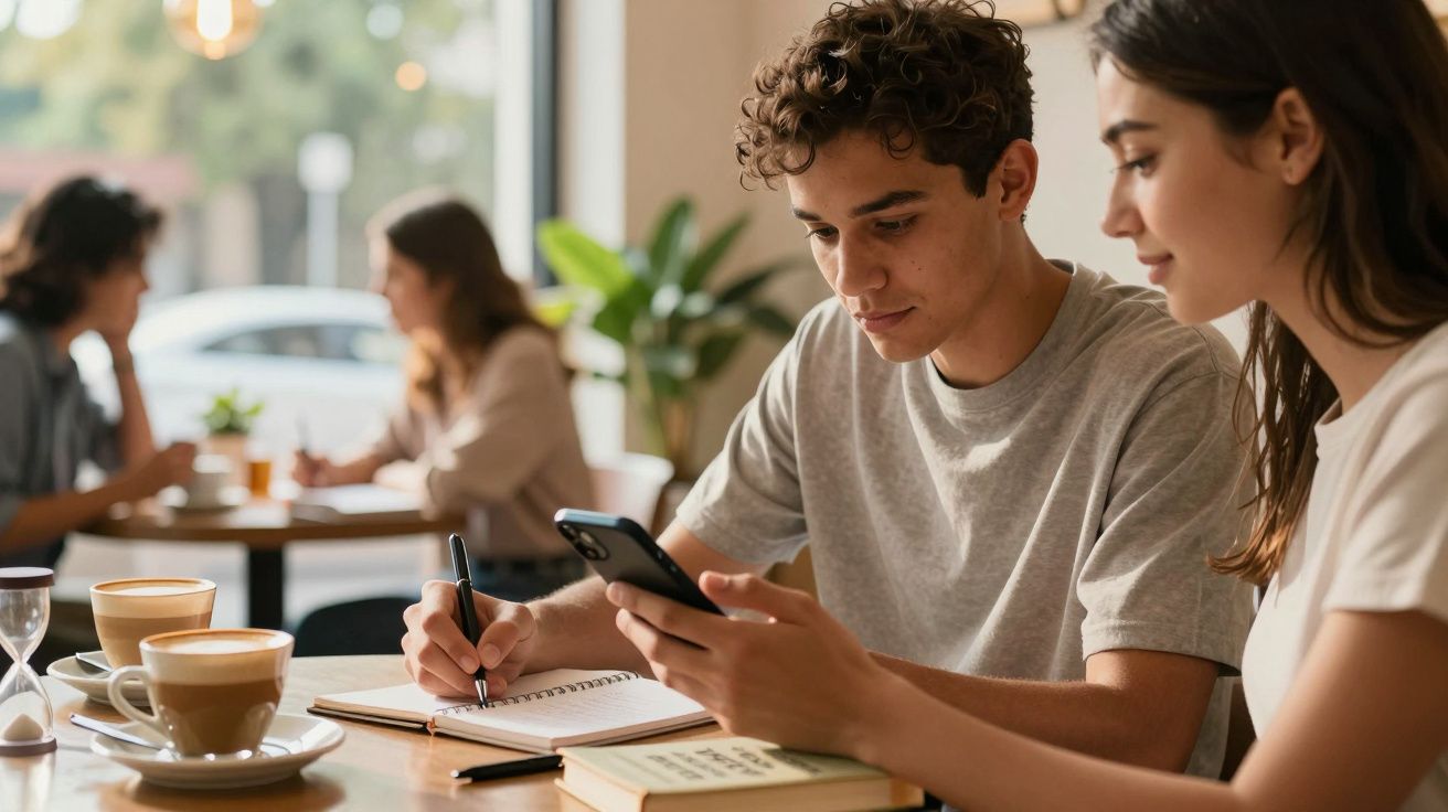 Jovens sentados num café, com cadernos e telemóvel, a estudar ou trocar ideias.
