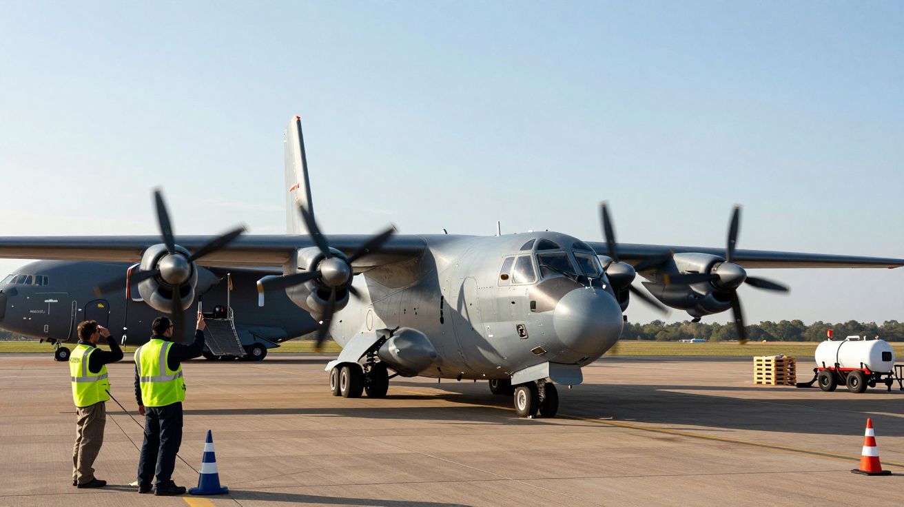 Avião militar cinzento taxiando na pista, com operadores de solo em coletes amarelos a orientar.
