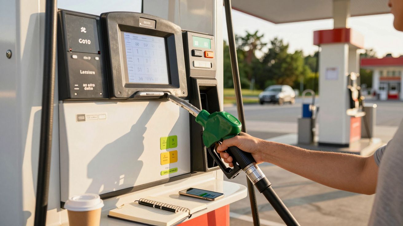 Pessoa a abastecer carro numa bomba de gasolina; ecrã LED, telemóvel, café e caderno sobre a bomba.