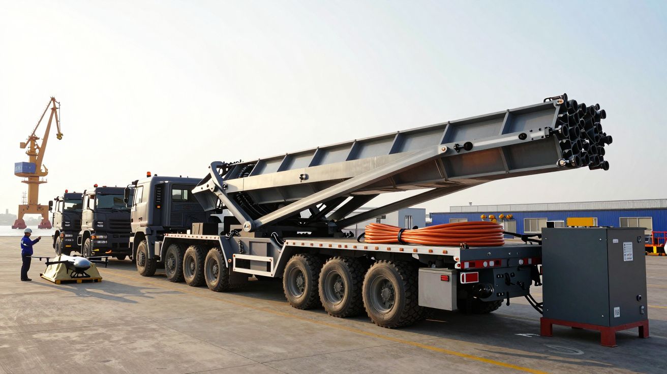 Camião pesado com equipamento industrial em parque de estacionamento, com gruas e estruturas industriais ao fundo.
