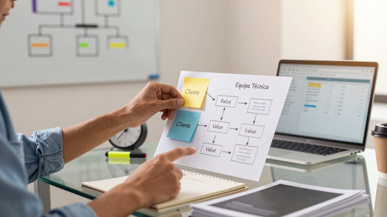 Pessoa analisa diagrama de fluxo sobre clientes e valor, sentado numa mesa com computador portátil e bloco de notas.