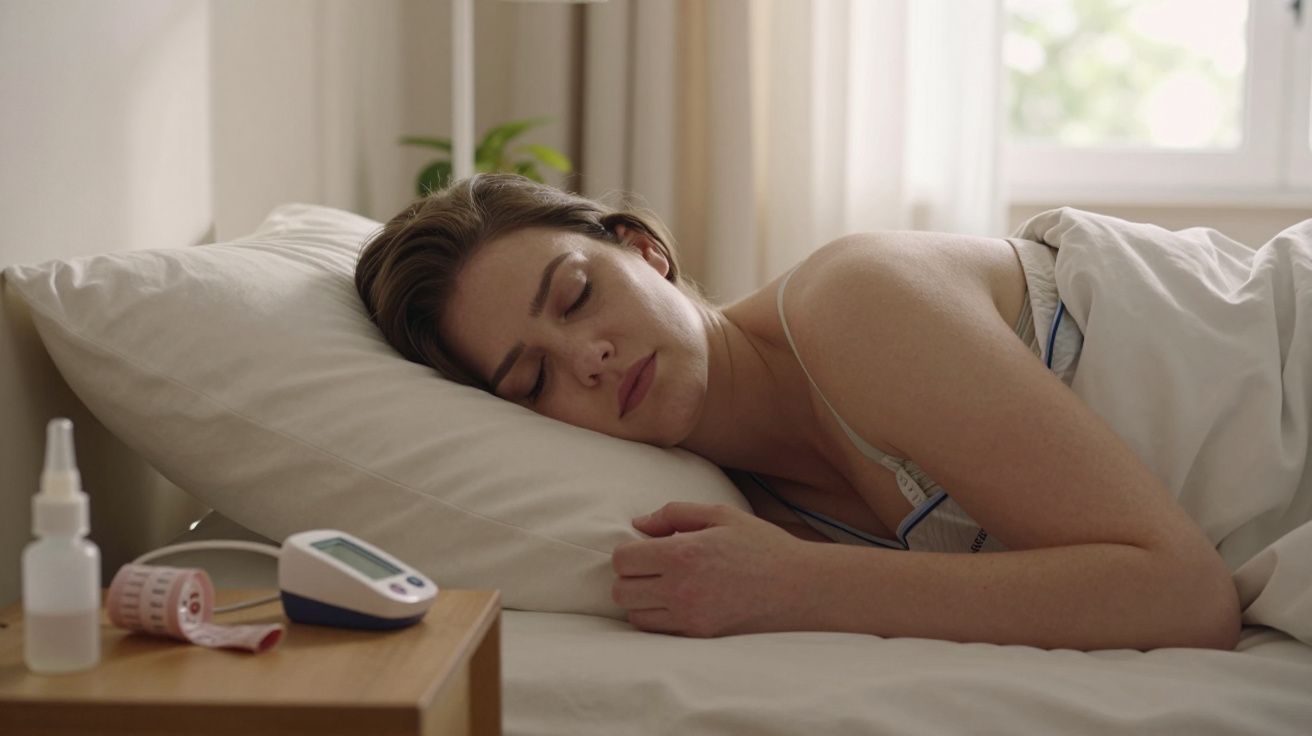 Mulher a dormir numa cama, ao lado de uma mesa com um termómetro, fita métrica e frasco de spray nasal.