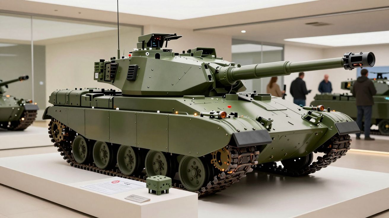 Tanque militar verde exposto em museu, com pessoas ao fundo.