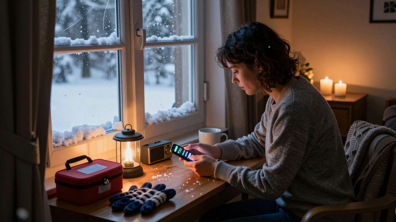 Mulher sentada à mesa com velas e lanterna, olhando para o telemóvel, neve a cair lá fora, à janela.
