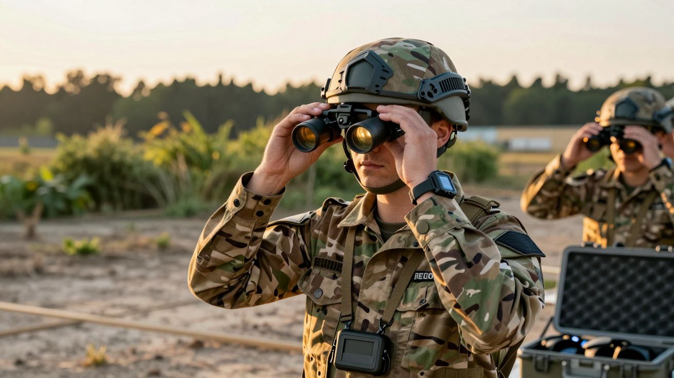 Soldados em trajes camuflados observam através de binóculos num campo ao ar livre, ao entardecer.
