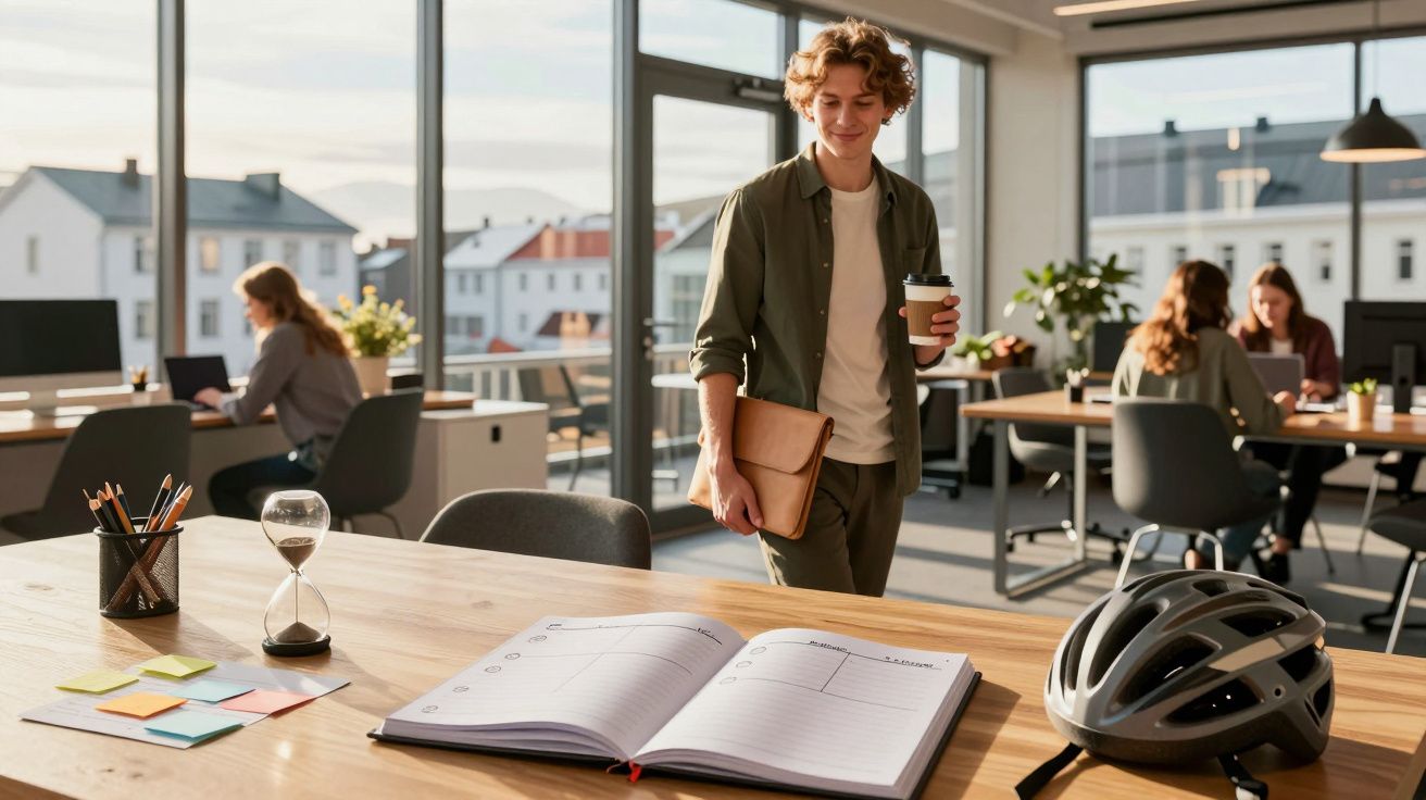 Homem num escritório moderno, segurando um café e um caderno. Mesa com capacete, bloco de notas e ampulheta.