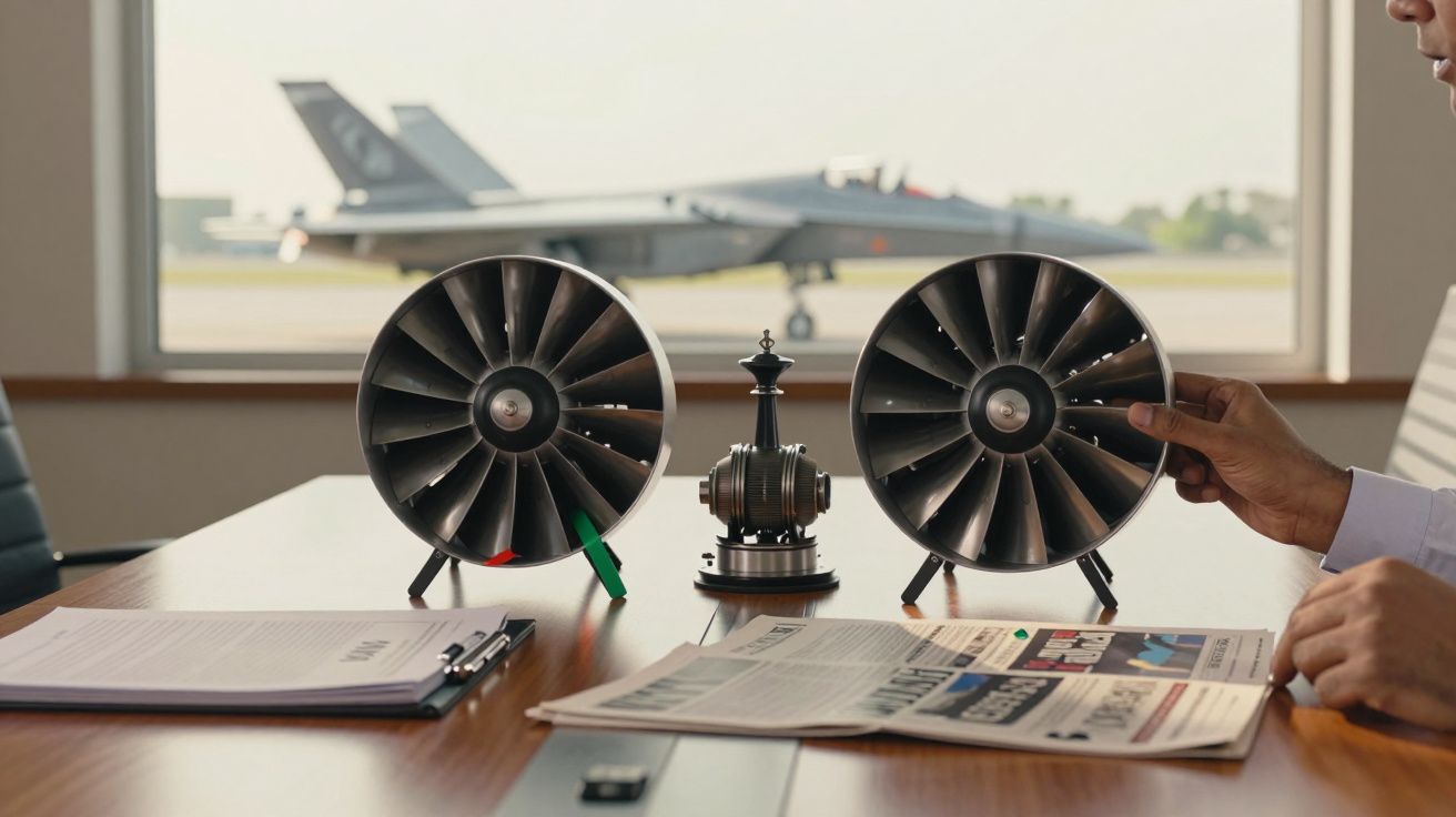 Duas miniaturas de turbinas em mesa de escritório, com um avião visível na pista através da janela ao fundo.