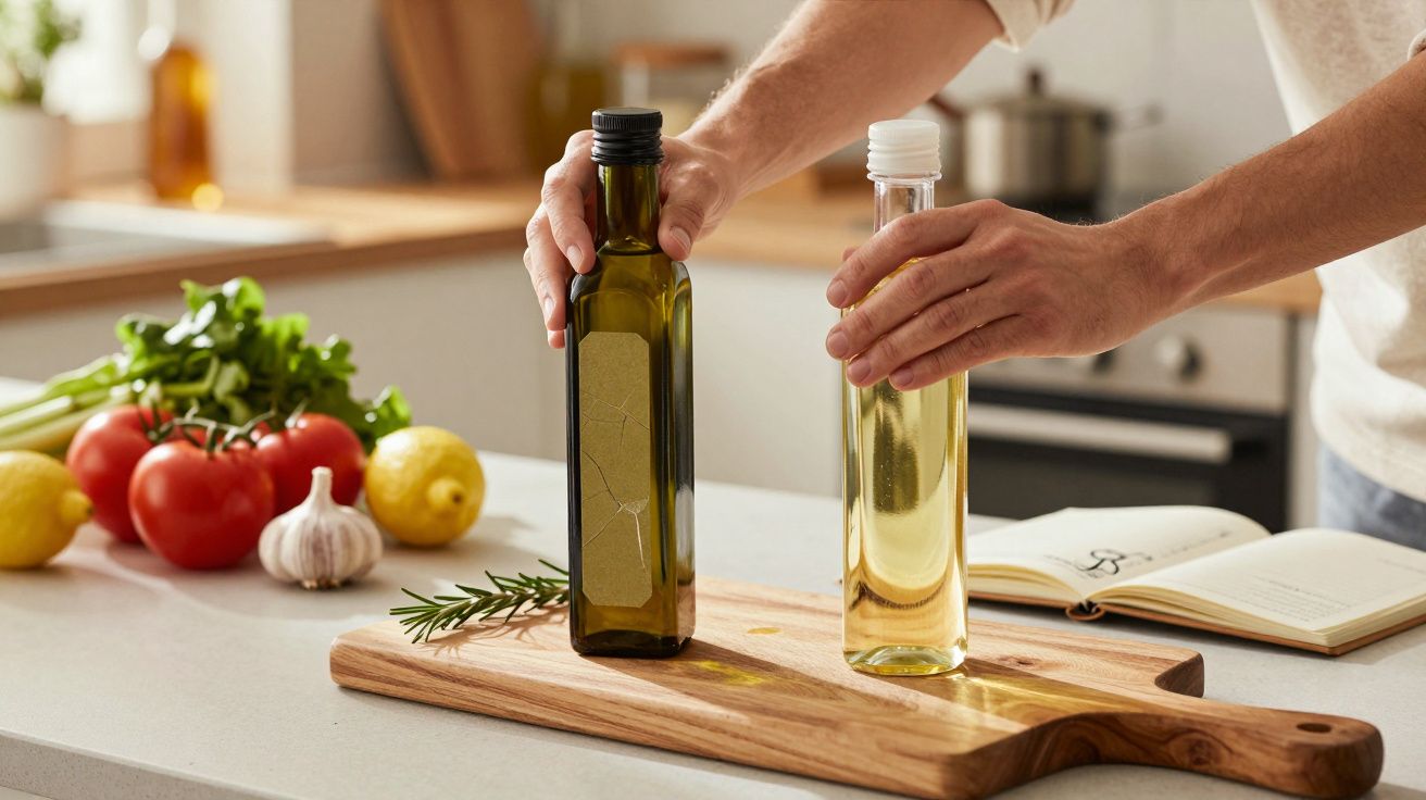 Mãos seguram duas garrafas de azeite numa tábua de cozinha, com vegetais e ervas frescas ao fundo.