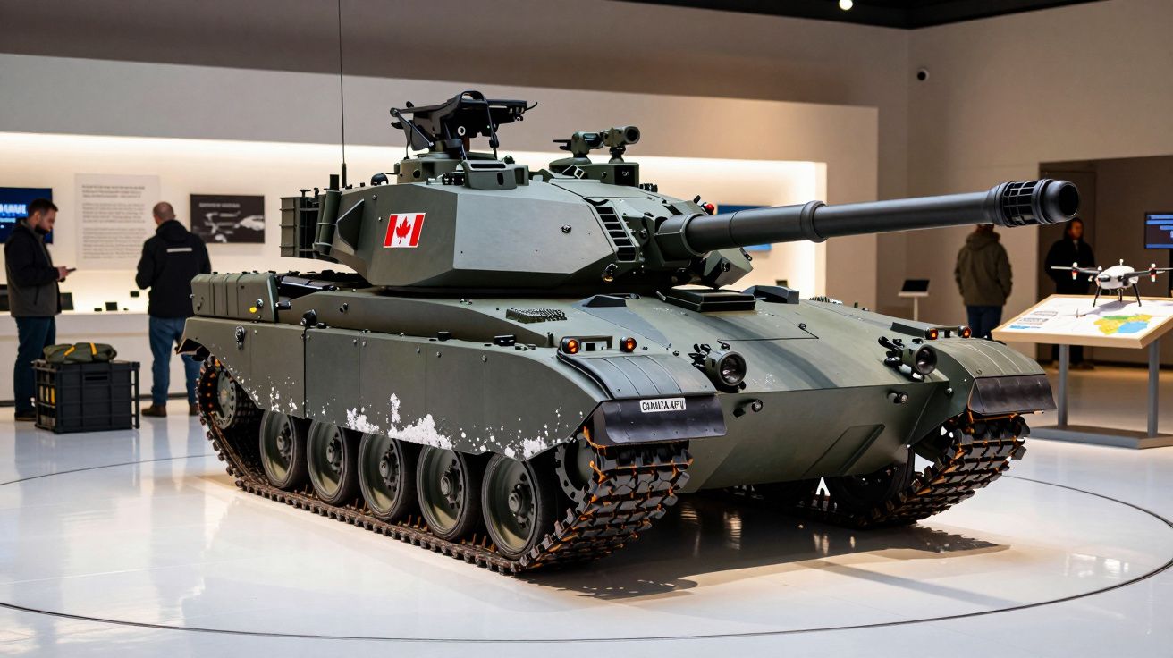 Tanque militar verde em exposição num museu, com bandeira do Canadá. Pessoas ao fundo observando.