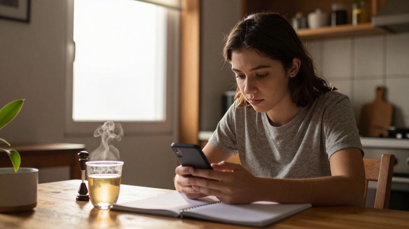 Mulher sentada à mesa, olhando para o telemóvel com um caderno aberto e uma chávena de chá fumegante ao lado.