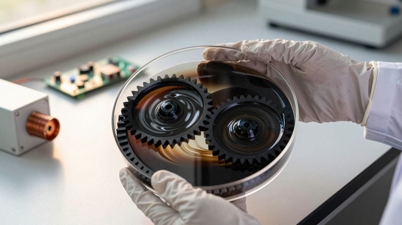 Mãos segurando prato com dois engrenagens em fluido escuro sobre uma mesa de laboratório.