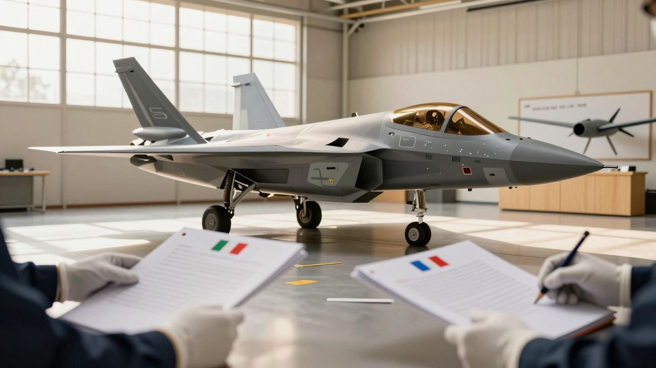 Avião de combate cinza num hangar, avaliado por duas pessoas com documentos.