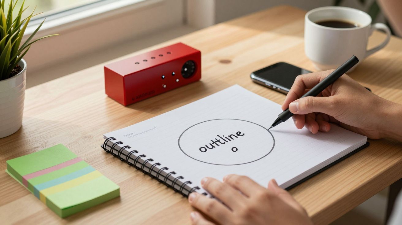 Pessoa desenha num bloco de notas com lápis, rodeada de caneca de café, notas adesivas e altifalante vermelho.