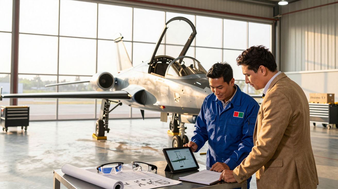 Dois homens analisam documentos e um tablet em frente a um caça em hangar iluminado.