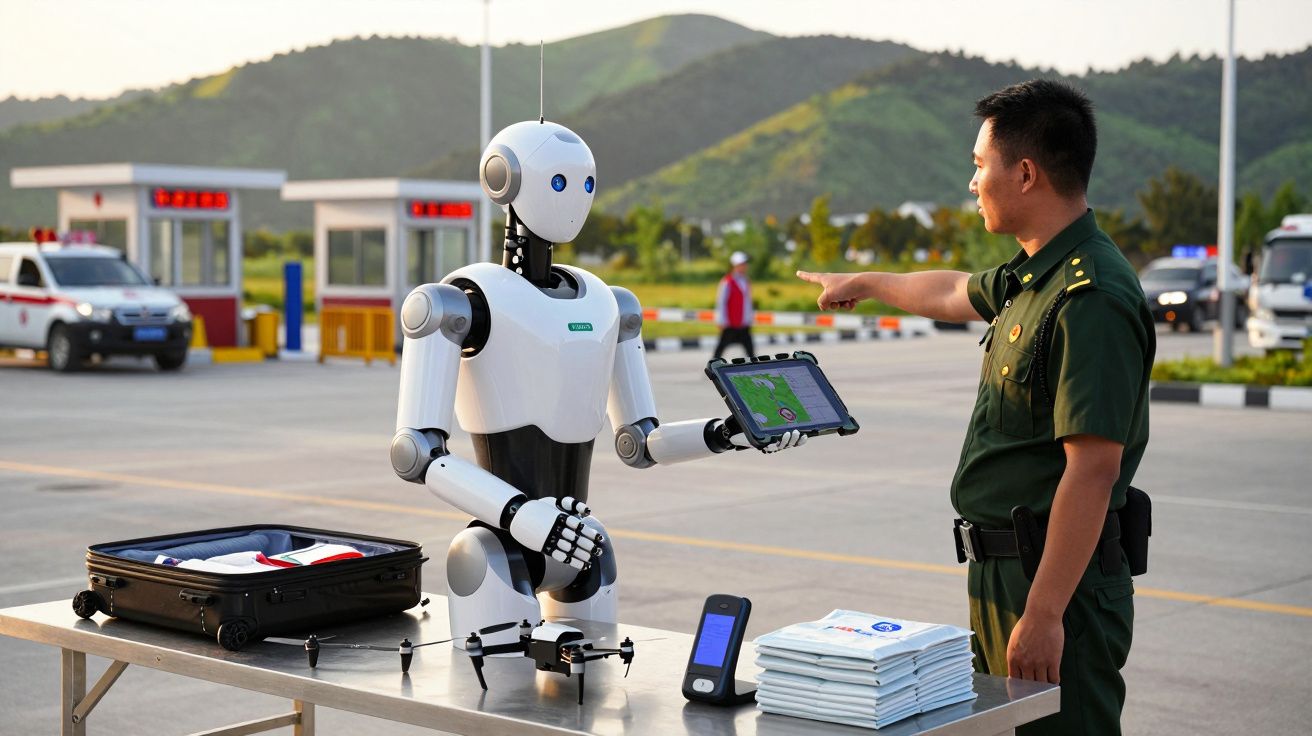 Guarda aponta para ecrã de tablet que robô segura, com cenário de posto fronteiriço e montanhas ao fundo.