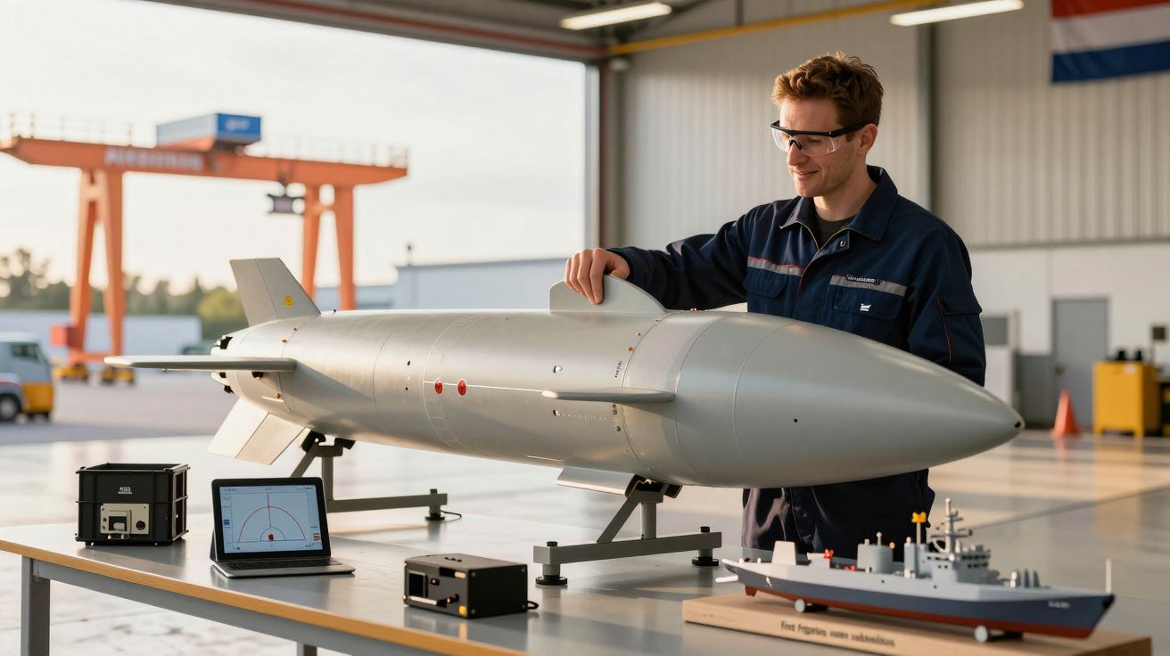 Homem observa maquete de míssil em hangar, com maqueta de navio e equipamento eletrónico sob mesa de trabalho.
