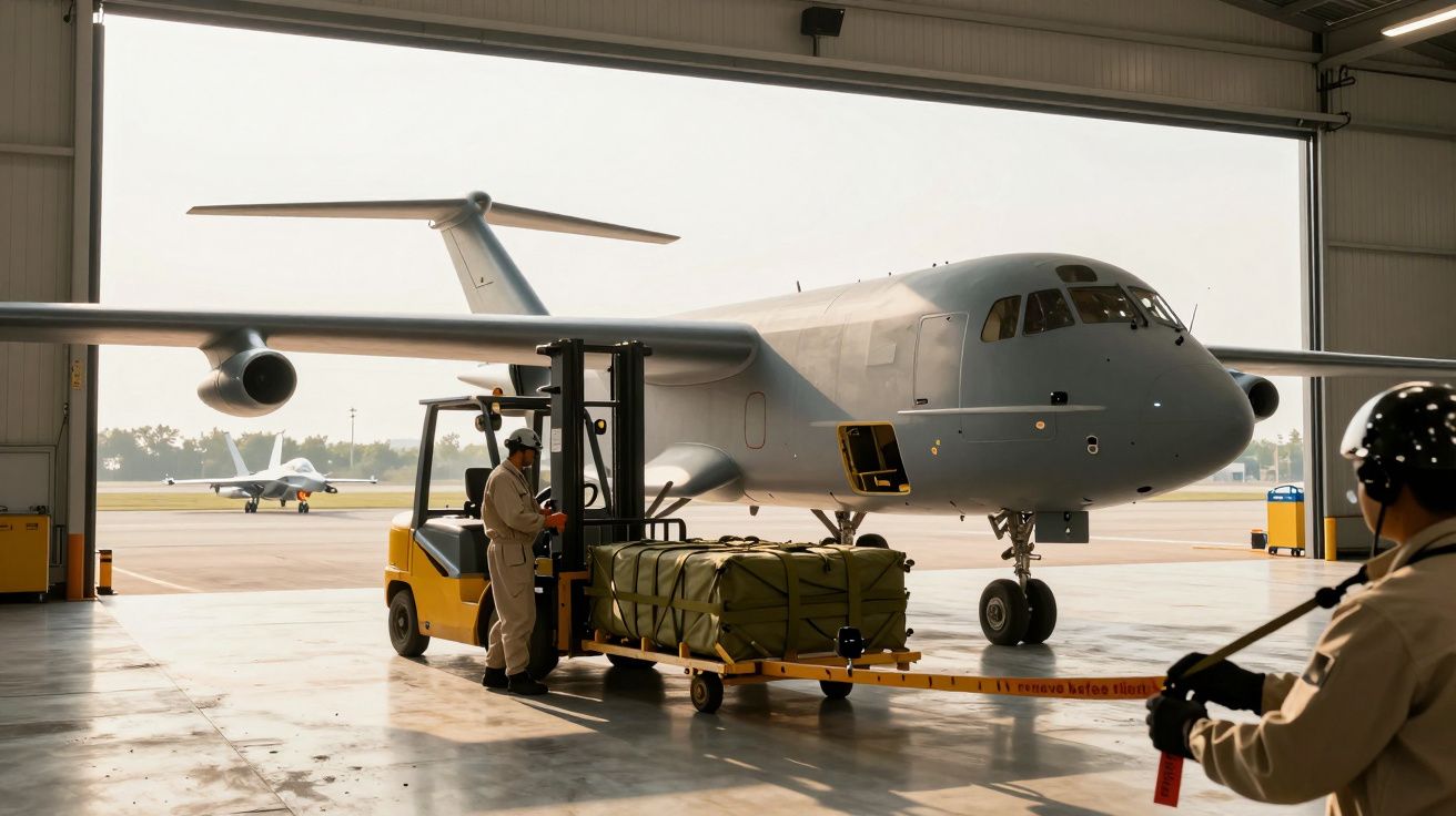 Avião militar em hangar, com trabalhadores carregando carga num empilhador. Outro avião ao fundo na pista.
