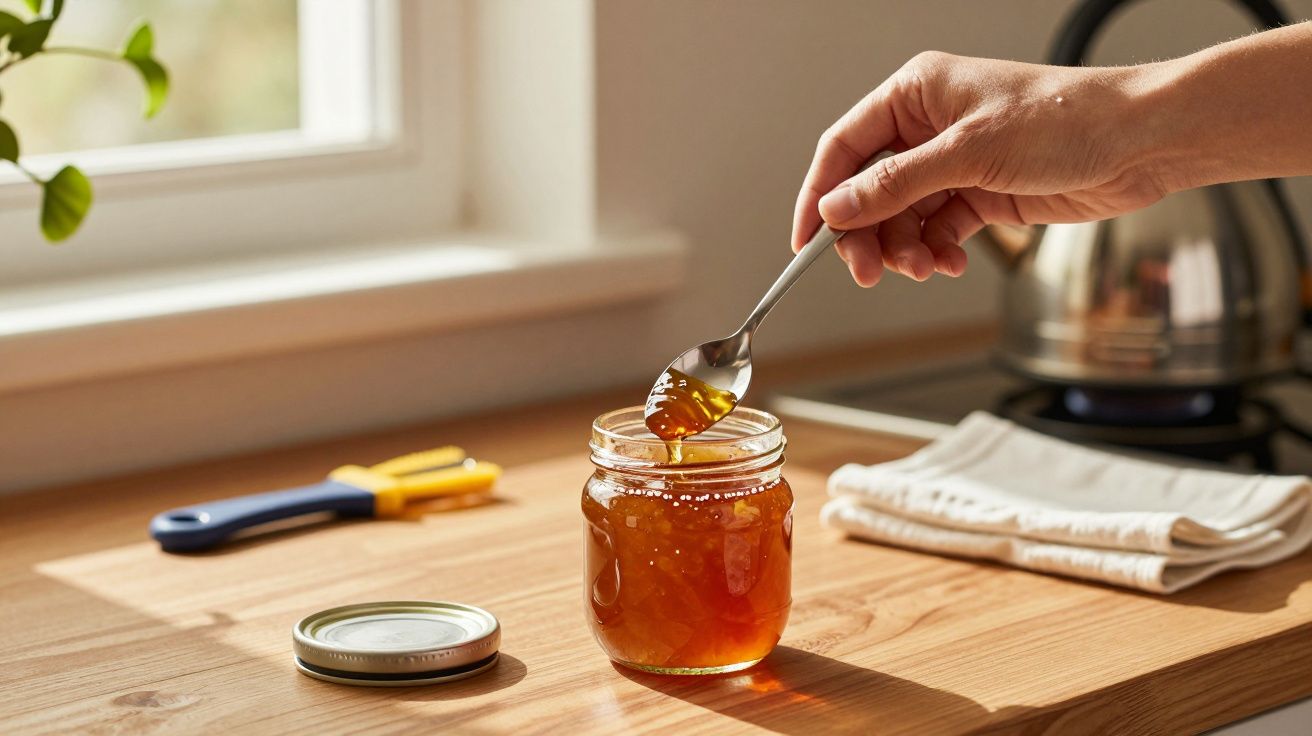 Mão segurando colher com compota em frasco de vidro sobre mesa de madeira, próximo de uma janela.