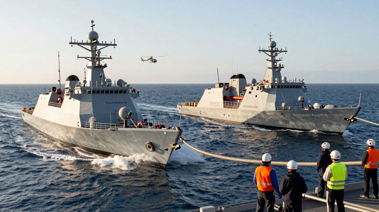 Dois navios militares em manobra no mar, com um helicóptero no céu e tripulantes observando do convés.