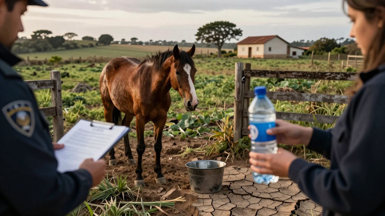 Cavalo num campo seco, cercado por duas pessoas; uma segura uma garrafa de água, outra com um bloco de notas.
