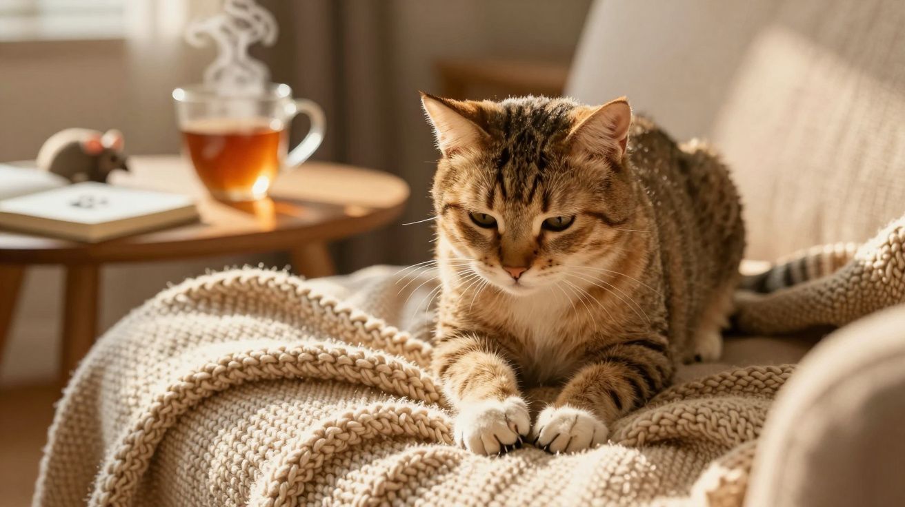Gato malhado sobre manta no sofá, com chá fumegante na mesa ao fundo, num ambiente acolhedor.