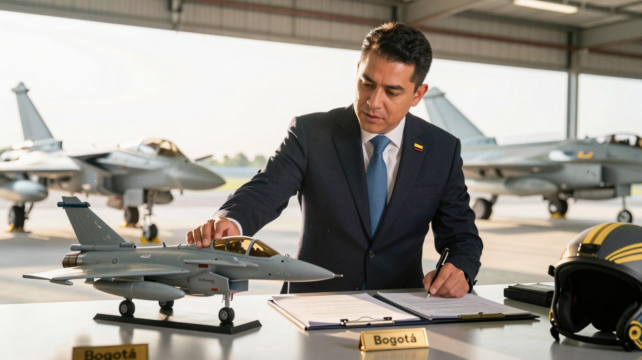 Homem em fato e gravata assina documento ao lado de maquete de avião, com aviões de combate ao fundo.