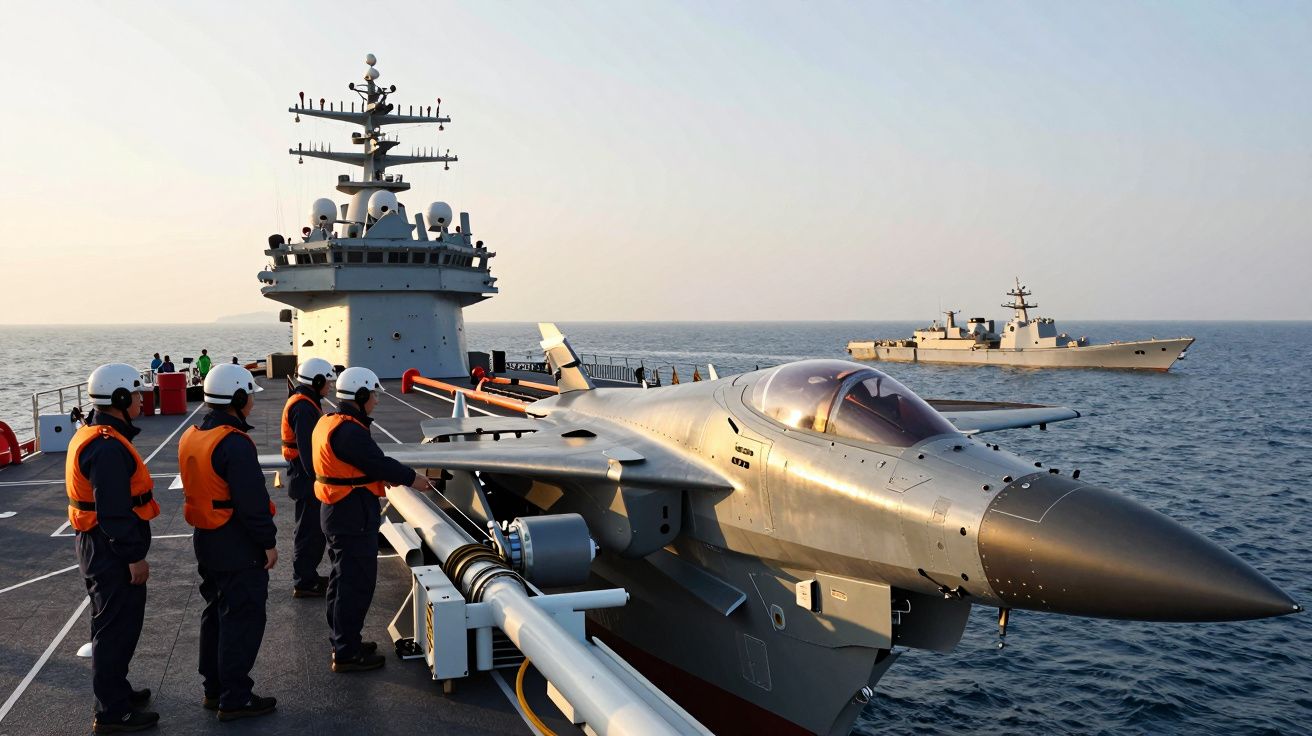 Grupo de pessoas com capacetes e coletes observa um caça em porta-aviões no mar, com outro navio ao fundo.
